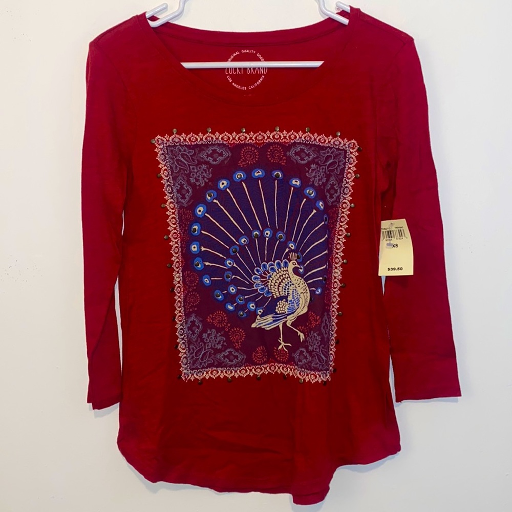 XS Lucky Brand Red & Blue Peacock Print 3/4 Sleeve Cotton Shirt New with Tags!